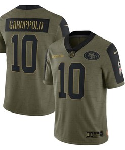 San Francisco 49ers Jimmy Garoppolo 10 Nfl Olive 2021 Salute To Service Retired Player Men Jersey For 49ers Fans
