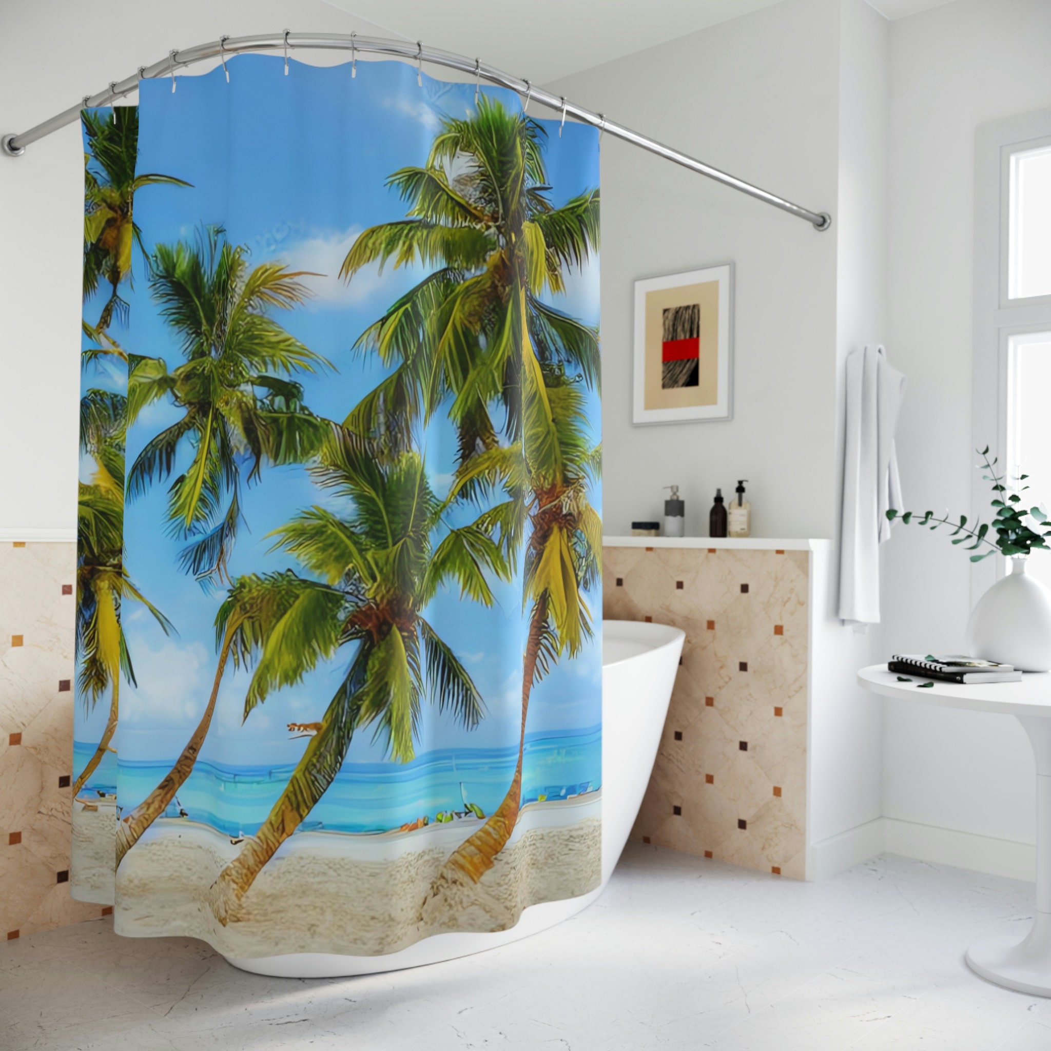 Sandy Beach View Shower Curtain for Modern Bathroom Decor