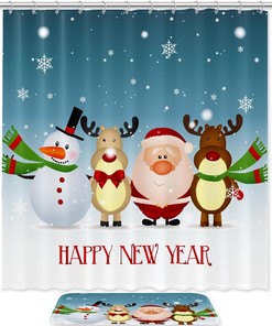 Santa Claus Snowman Deer Waterproof Shower Curtain for Holiday Bathroom Decor