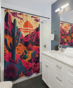 Saturated Desert Boho Shower Curtain - Sunset Hues with Mountains and Cacti 