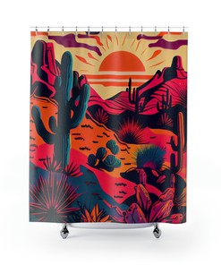 Saturated Desert Boho Shower Curtain - Sunset Hues with Mountains and Cacti