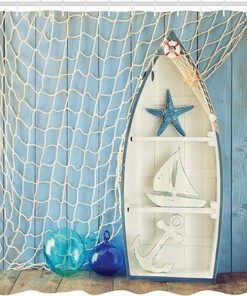 Sea Objects Wooden Backdrop Nautical Shower Curtain Blue White Bathroom Decor