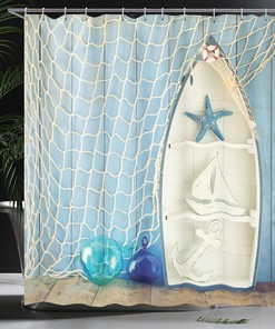 Sea Objects Wooden Backdrop Nautical Shower Curtain Blue White Bathroom Decor