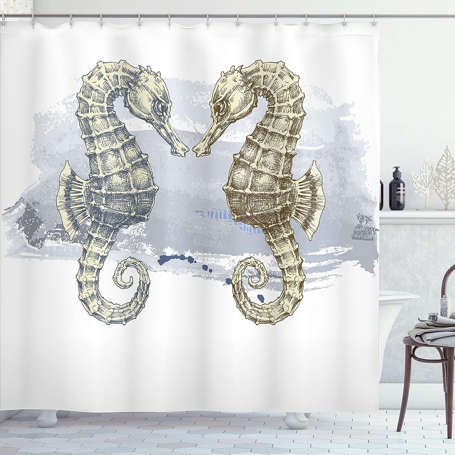 Seahorse Shower Curtain, Lovers in Artisan Technique Grunge Splash on