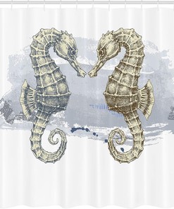 Seahorse Shower Curtain, Lovers in Artisan Technique Grunge Splash on Background- Bathroom Decor