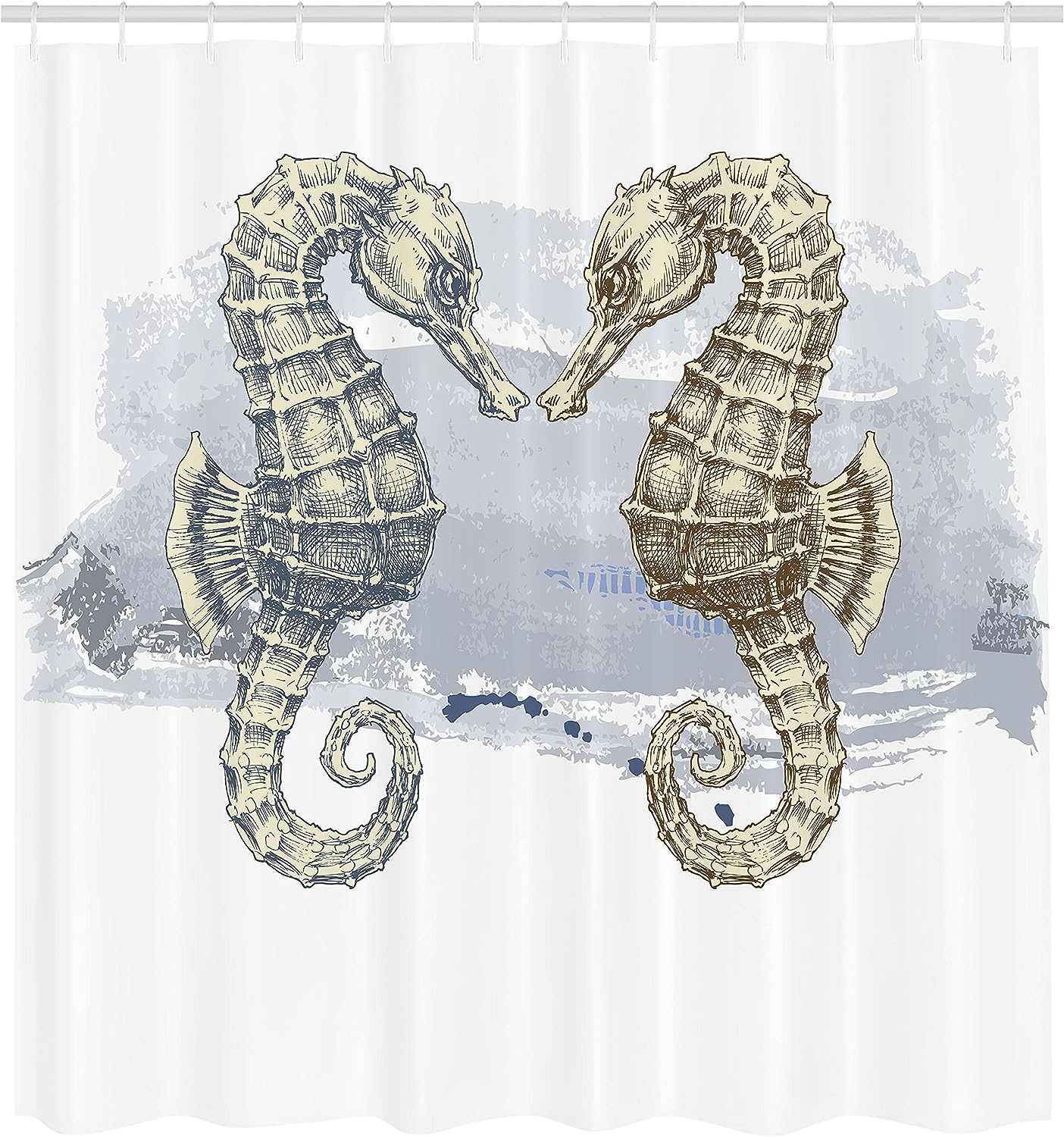 Seahorse Shower Curtain, Lovers in Artisan Technique Grunge Splash on Background- Bathroom Decor