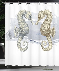 Seahorse Shower Curtain, Lovers in Artisan Technique Grunge Splash on Background- Bathroom Decor