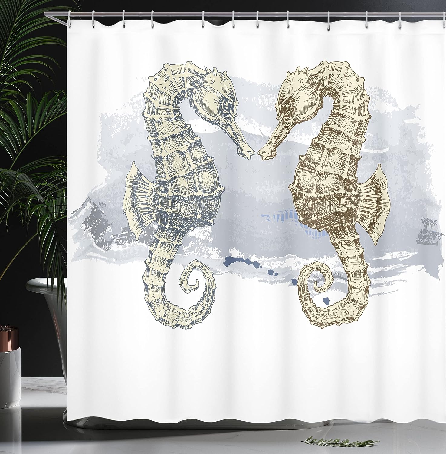 Seahorse Shower Curtain, Lovers in Artisan Technique Grunge Splash on Background- Bathroom Decor