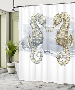 Seahorse Shower Curtain, Lovers in Artisan Technique Grunge Splash on Background- Bathroom Decor
