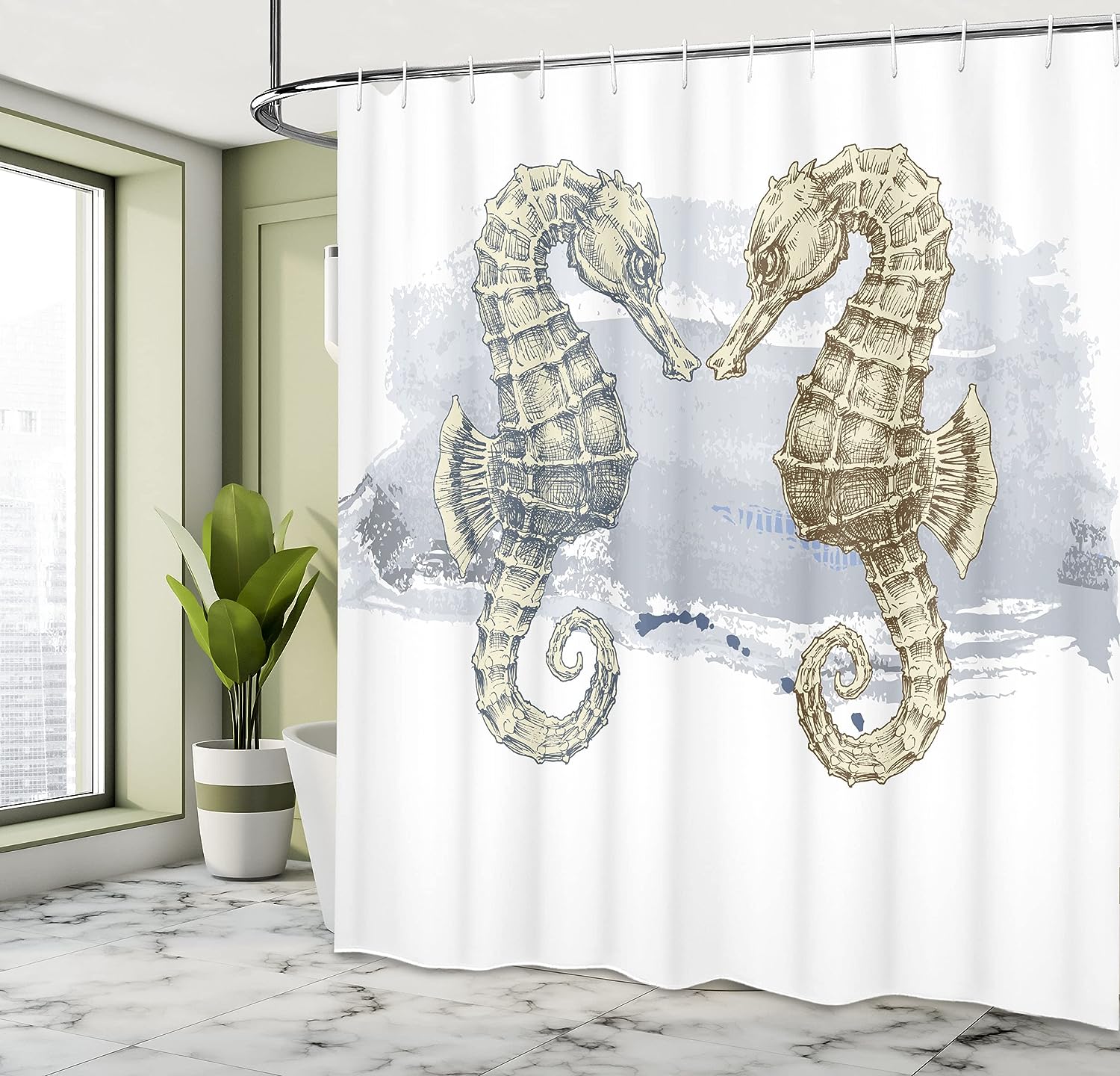 Seahorse Shower Curtain, Lovers in Artisan Technique Grunge Splash on Background- Bathroom Decor