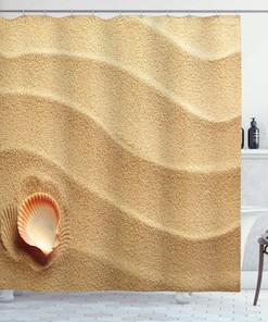 Seashell Beach Art Shower Curtain, Golden Yellow Sand Theme Cloth Bathroom Decor, Sand Brown