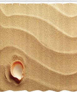 Seashell Beach Art Shower Curtain, Golden Yellow Sand Theme Cloth Bathroom Decor, Sand Brown