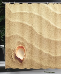 Seashell Beach Art Shower Curtain, Golden Yellow Sand Theme Cloth Bathroom Decor, Sand Brown