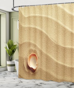 Seashell Beach Art Shower Curtain, Golden Yellow Sand Theme Cloth Bathroom Decor, Sand Brown