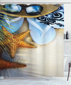 Seashell Print Tropical Beach Shower Curtain for Bathroom Decor