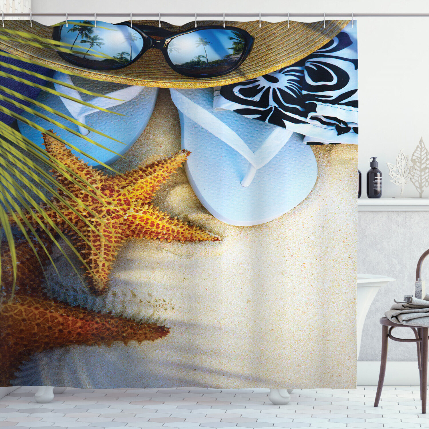 Seashell Print Tropical Beach Shower Curtain for Bathroom Decor
