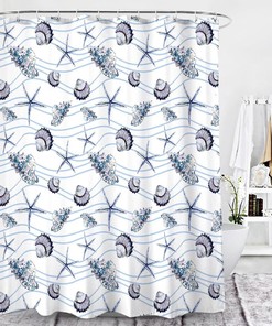 Seashell and Starfish Shower Curtain with Ocean Life Beach Pattern - Home and Bathroom Decor