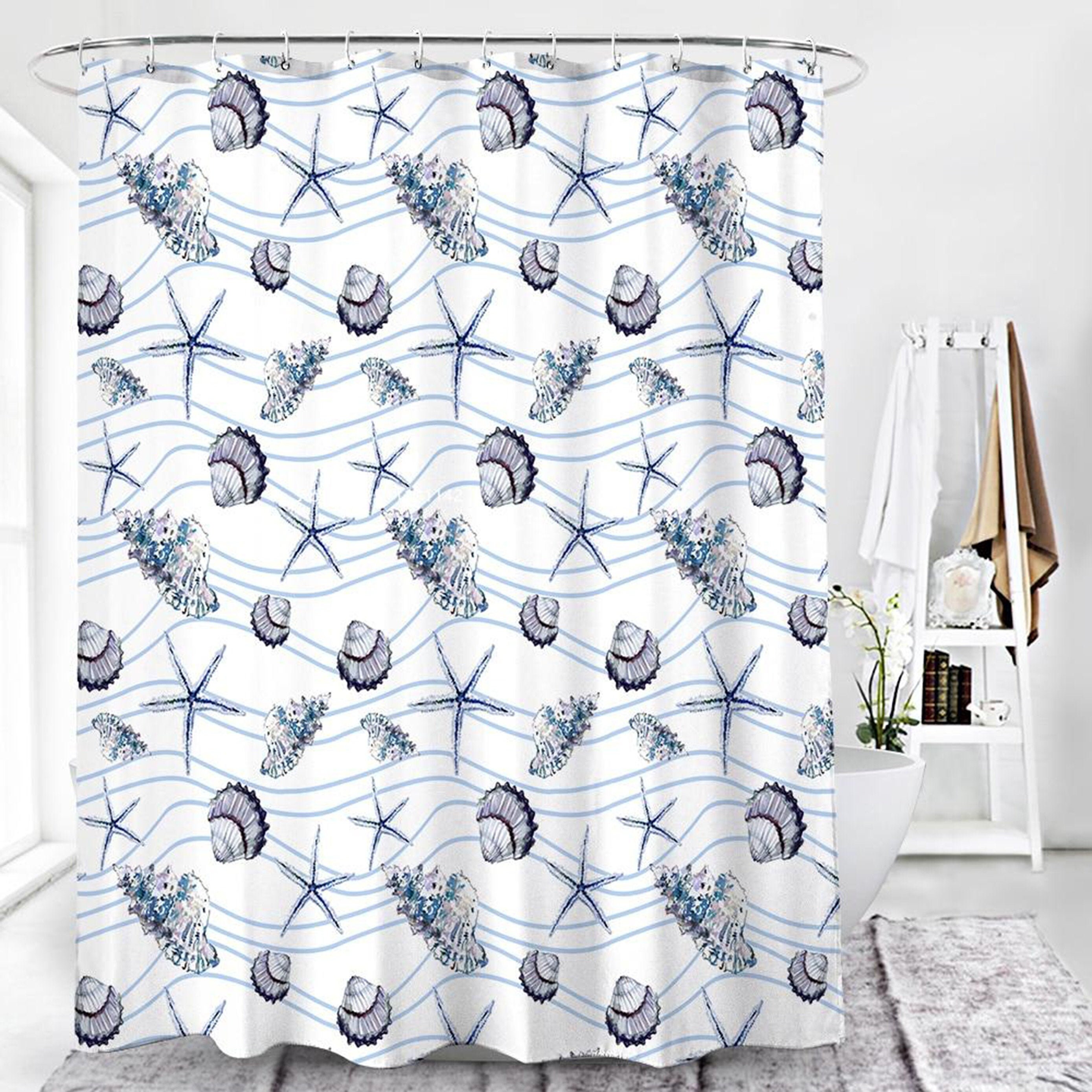 Seashell and Starfish Shower Curtain with Ocean Life Beach Pattern - Home and Bathroom Decor