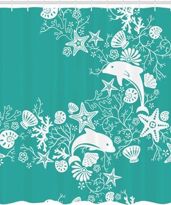 Seashells and Coral Shower Curtain, Dolphins Flowers Starfish Cloth Bathroom Decor, Sea Green White