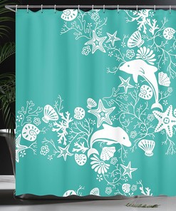 Seashells and Coral Shower Curtain, Dolphins Flowers Starfish Cloth Bathroom Decor, Sea Green White