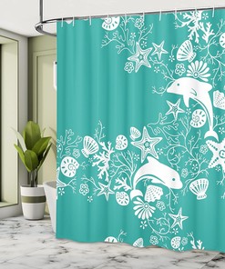 Seashells and Coral Shower Curtain, Dolphins Flowers Starfish Cloth Bathroom Decor, Sea Green White