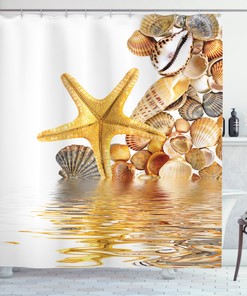 Seashells and Starfish Print Shower Curtain for Beachy Bathroom Decor