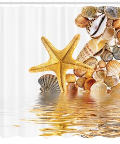 Seashells and Starfish Print Shower Curtain for Beachy Bathroom Decor