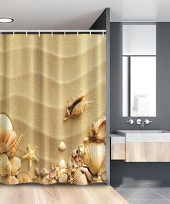 Seashells on Sandy Beach Shower Curtain, Starfish Summer Nature Cloth Bathroom Decor, Sand Brown