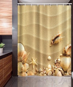 Seashells on Sandy Beach Shower Curtain, Starfish Summer Nature Cloth Bathroom Decor, Sand Brown