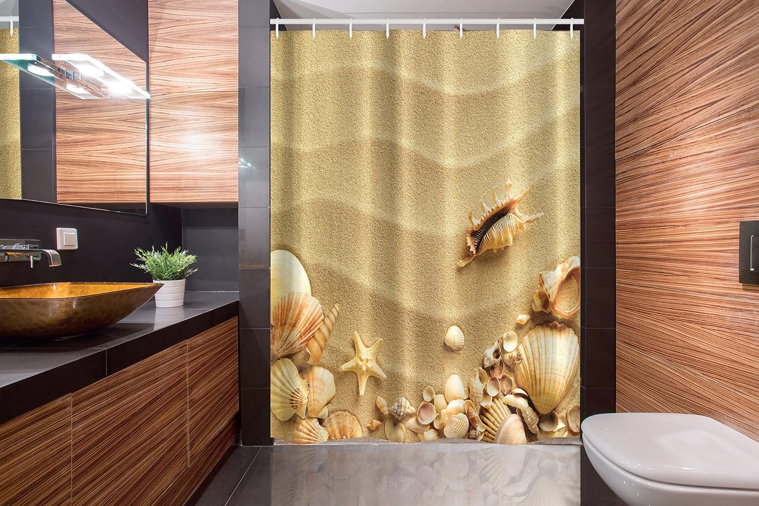 Seashells on Sandy Beach Shower Curtain, Starfish Summer Nature Cloth Bathroom Decor, Sand Brown