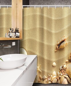 Seashells on Sandy Beach Shower Curtain, Starfish Summer Nature Cloth Bathroom Decor, Sand Brown