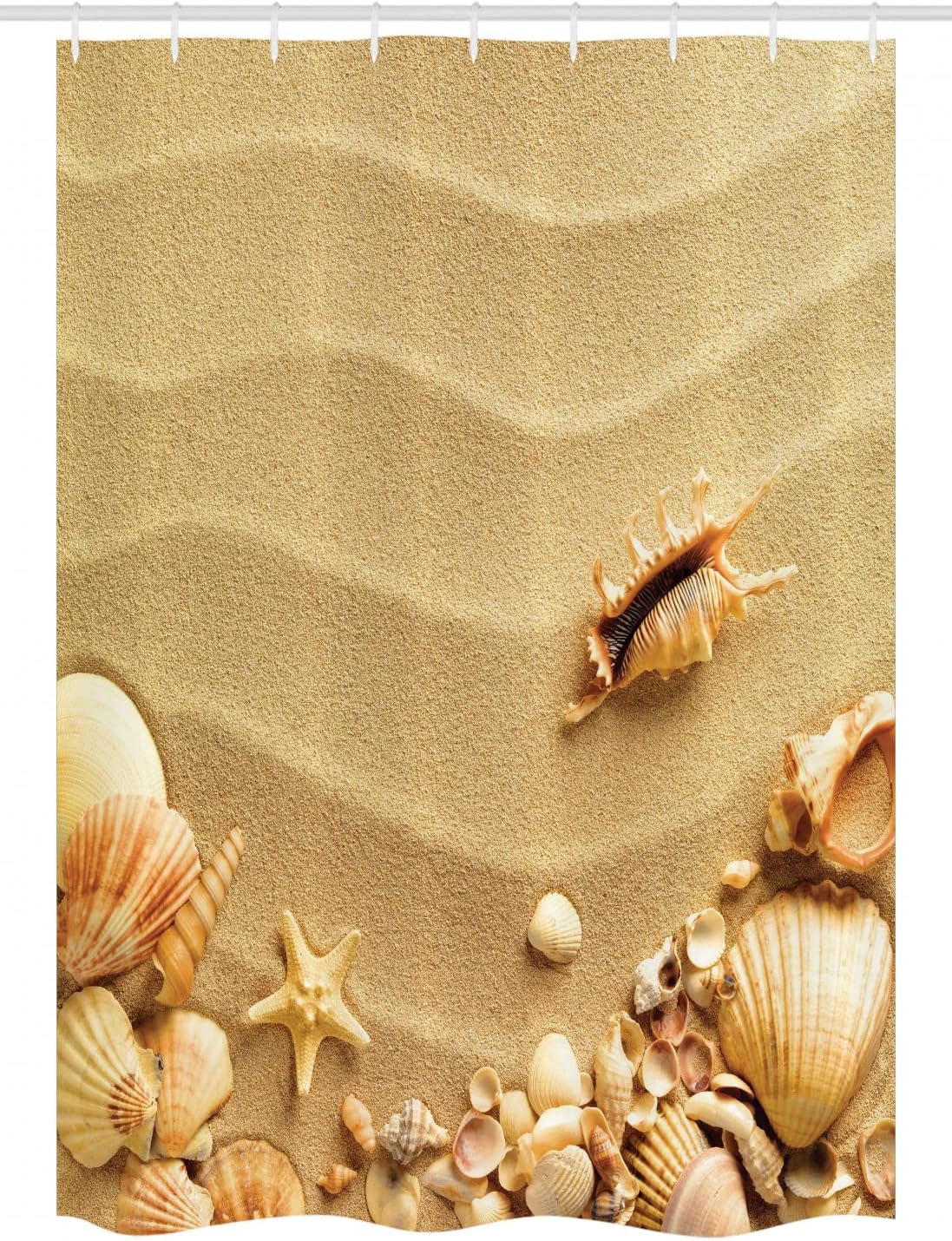Seashells on Sandy Beach Shower Curtain, Starfish Summer Nature Cloth Bathroom Decor, Sand Brown