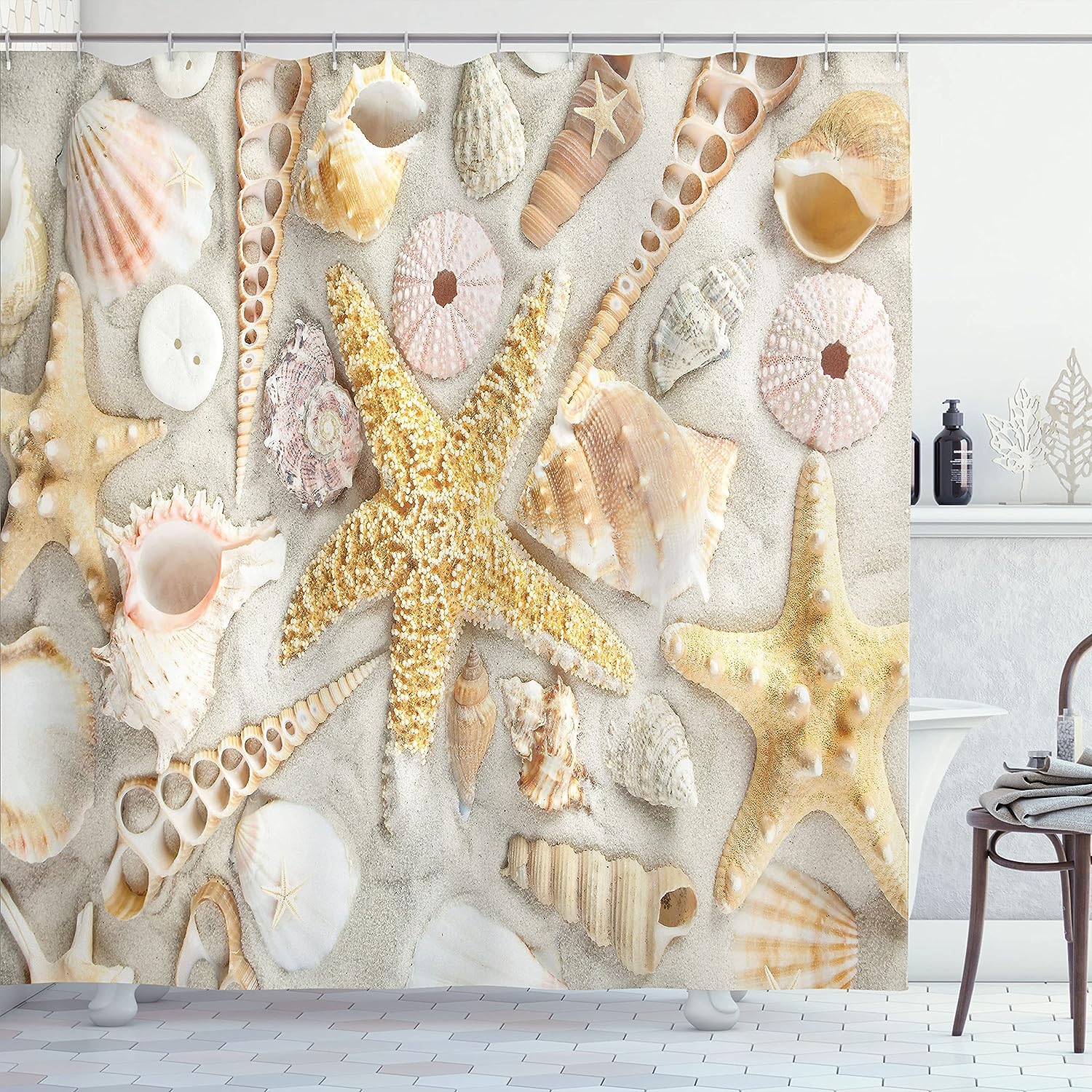 Seashells on Sandy Beach Shower Curtain, Summer Vacation Nautical Theme Cloth Bathroom Decor, Coconut Beige