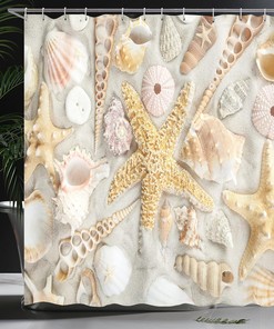 Seashells on Sandy Beach Shower Curtain, Summer Vacation Nautical Theme Cloth Bathroom Decor, Coconut Beige