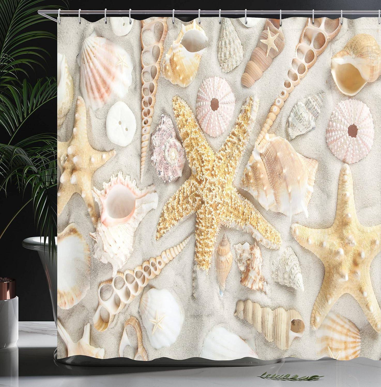 Seashells on Sandy Beach Shower Curtain, Summer Vacation Nautical Theme Cloth Bathroom Decor, Coconut Beige