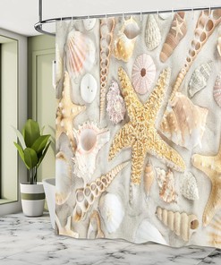 Seashells on Sandy Beach Shower Curtain, Summer Vacation Nautical Theme Cloth Bathroom Decor, Coconut Beige