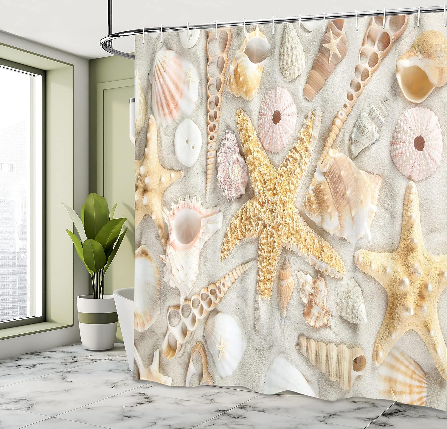 Seashells on Sandy Beach Shower Curtain, Summer Vacation Nautical Theme Cloth Bathroom Decor, Coconut Beige
