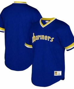 Seattle Mariners Mitchell And Ness Big And Tall Cooperstown Collection Mesh Wordmark V-neck Jersey - Royal