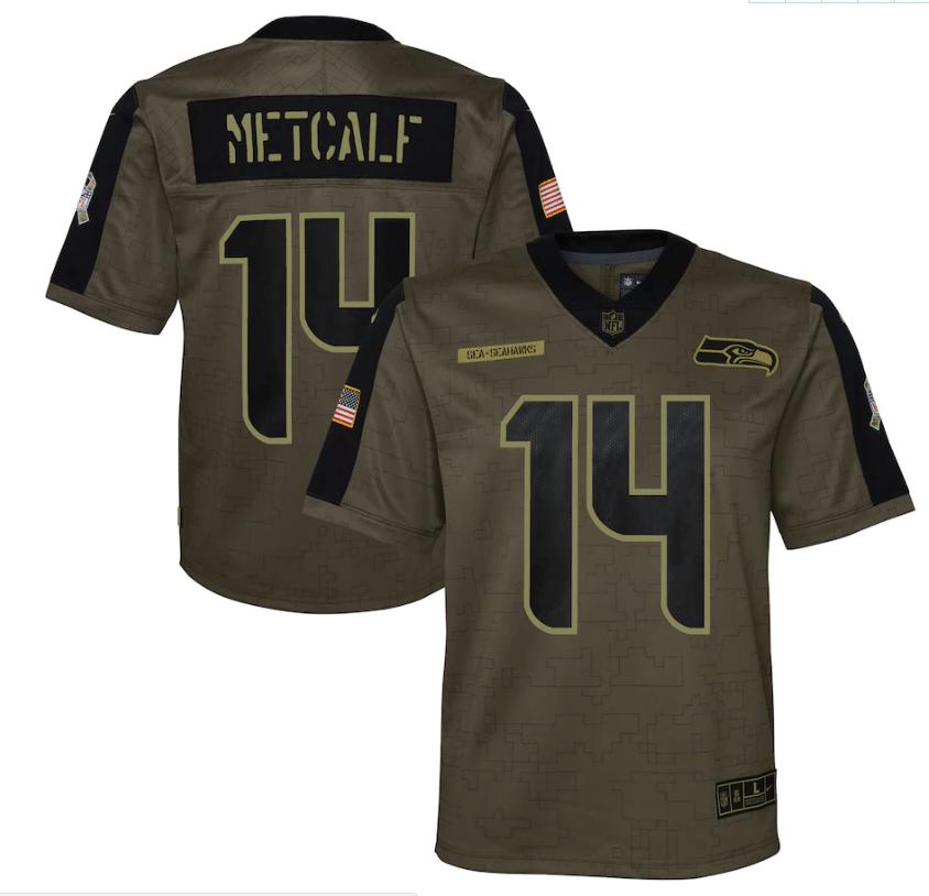 Seattle Seahawks Dk Metcalf 14 Nfl Olive 2021 Salute To Service Game Men Jersey For Seahawks Fans