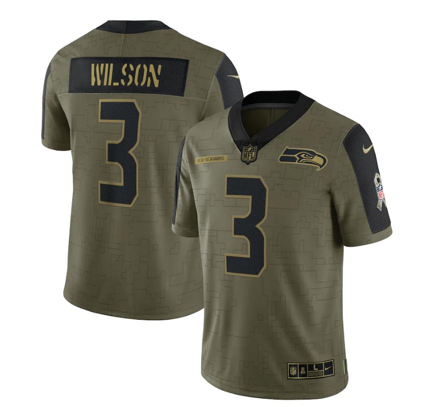 Seattle Seahawks Russell Wilson 3 Nfl Olive 2021 Salute To Service Retired Player Men Jersey For Seahawks Fans
