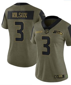 Seattle Seahawks Russell Wilson 3 Nfl Olive 2021 Salute To Service Retired Player Women Jersey For Seahawks Fans