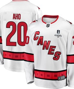 Sebastian Aho 20 Carolina Hurricanes Stanley Cup 2023 Playoffs Patch Away Breakaway Men Jersey - White