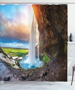 Seljalandsfoss Waterfall Shower Curtain, Scenery Sunset Cloudscape Print for Bathroom Decor, Blue Orange and Green Cloth Fabric