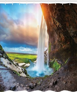 Seljalandsfoss Waterfall Shower Curtain, Scenery Sunset Cloudscape Print for Bathroom Decor, Blue Orange and Green Cloth Fabric