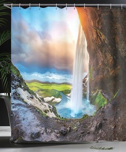 Seljalandsfoss Waterfall Shower Curtain, Scenery Sunset Cloudscape Print for Bathroom Decor, Blue Orange and Green Cloth Fabric