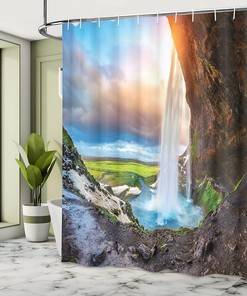 Seljalandsfoss Waterfall Shower Curtain, Scenery Sunset Cloudscape Print for Bathroom Decor, Blue Orange and Green Cloth Fabric