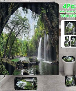 Serene Waterfall - 3D Landscape Forest Waterfall Shower Curtain for Bathroom Decor