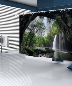 Serene Waterfall - 3D Landscape Forest Waterfall Shower Curtain for Bathroom Decor