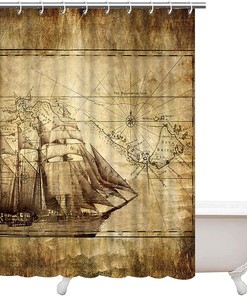 Set Sail with Artistic Print Nautical Shower Curtain with Ocean Sailing Boat Compass and Map Design 
