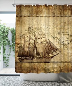 Set Sail with Artistic Print Nautical Shower Curtain with Ocean Sailing Boat Compass and Map Design